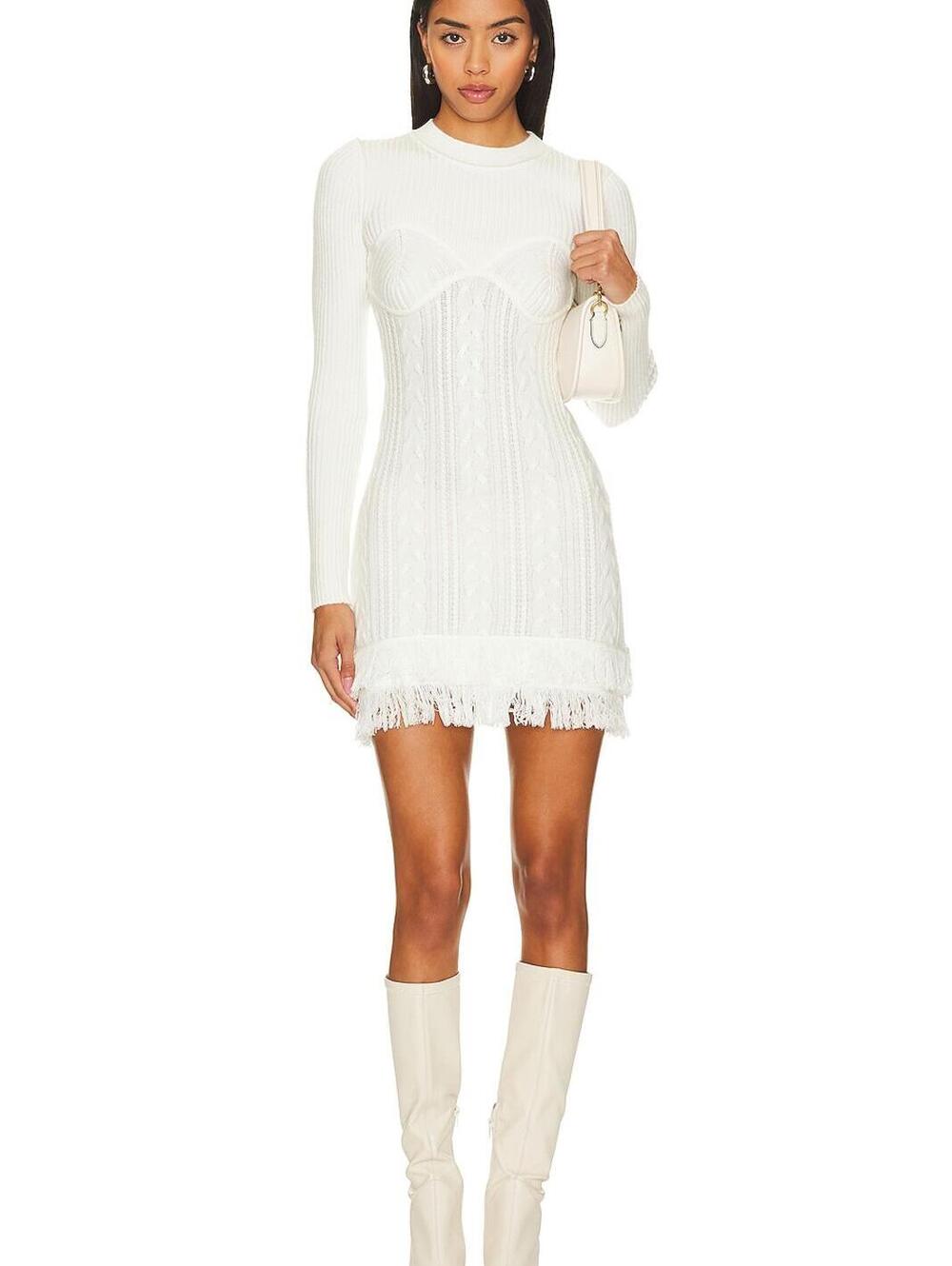 MAJORELLE Ivory Y2K Bodycon Mini Dress Coquette Flirty Cable Knit Fringe Hem
